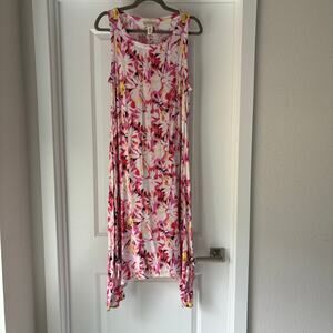 Water Lily Beach Dress Size Large Pink and Cream Florals 100% Rayon EUC